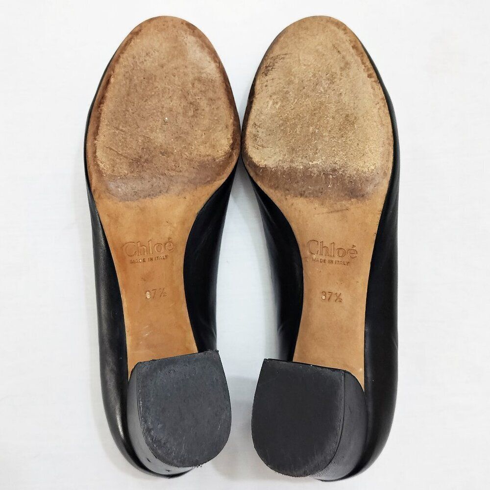 CHLOE Lauren Scalloped Leather Pumps Curved Block Heels Slip On 37.5 / 7.5 Black - Picture 9 of 16